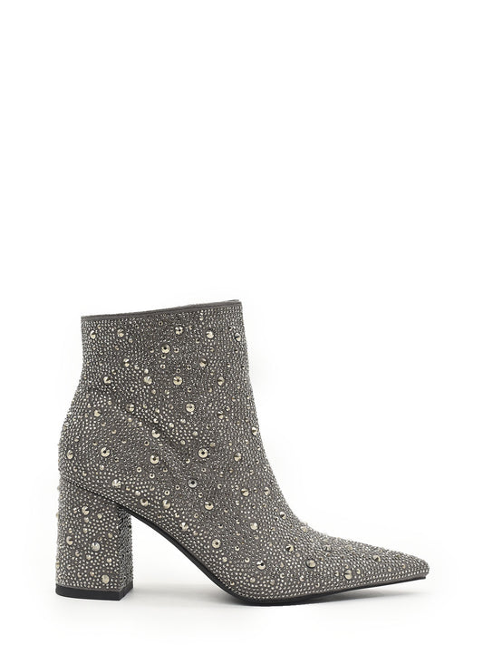 Square heel ankle boot with rhinestones in lead color