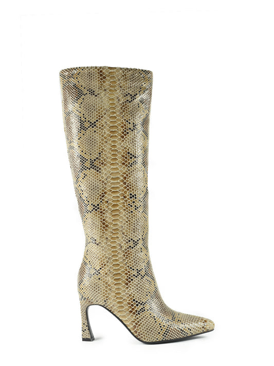 Ice-colored thin heeled boot with snake print
