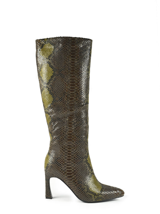 Brown thin-heeled boot with snake print