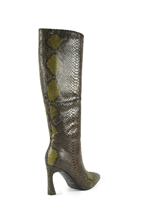 Brown thin-heeled boot with snake print