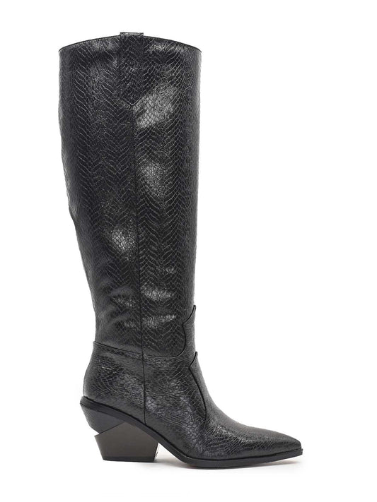 Black cowboy boot with snake print