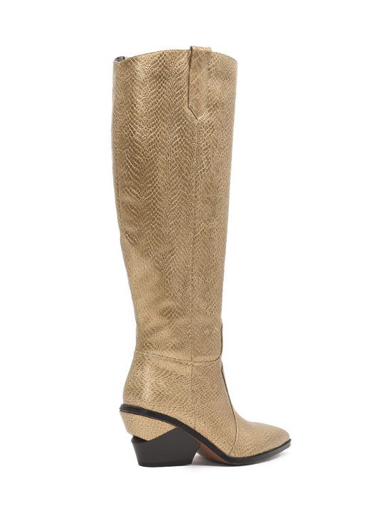 Gold cowboy boot with snake print