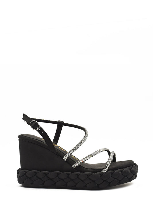 Black satin wedge sandal with strappy rhinestones