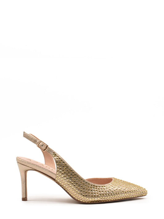 Golden slingback shoe with rhinestones