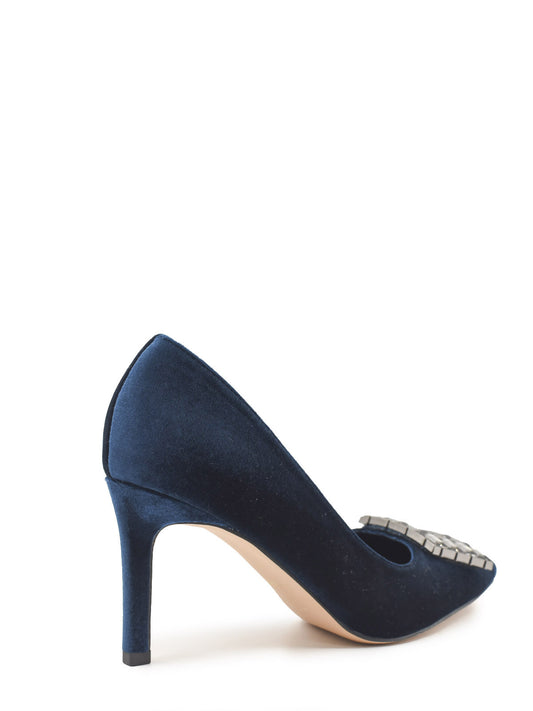 Blue velvet shoe with jewel embellishment