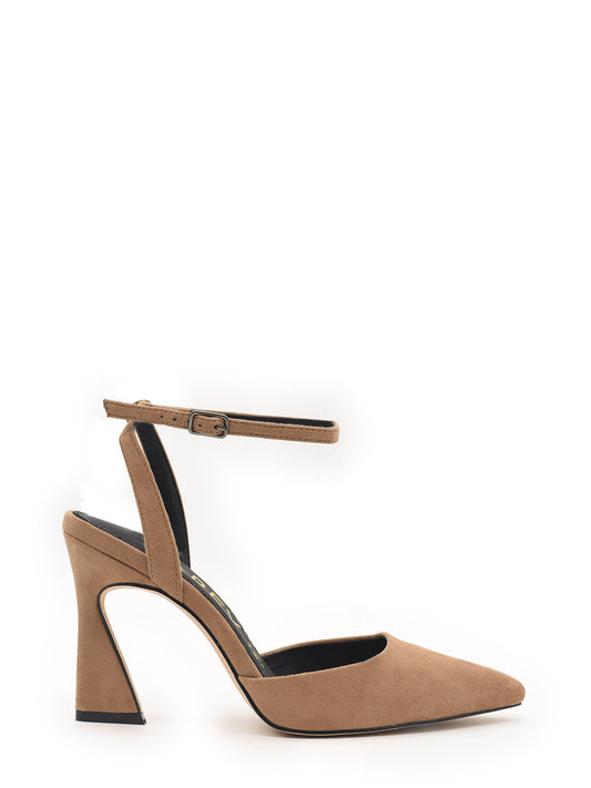 Women's taupe pump with buckle closure