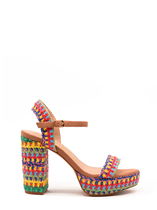 Sandales à plateforme en raphia multicolore