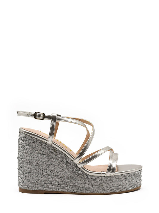 Silver wedge with metallic straps