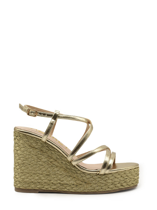 Gold-coloured wedge with metallic straps
