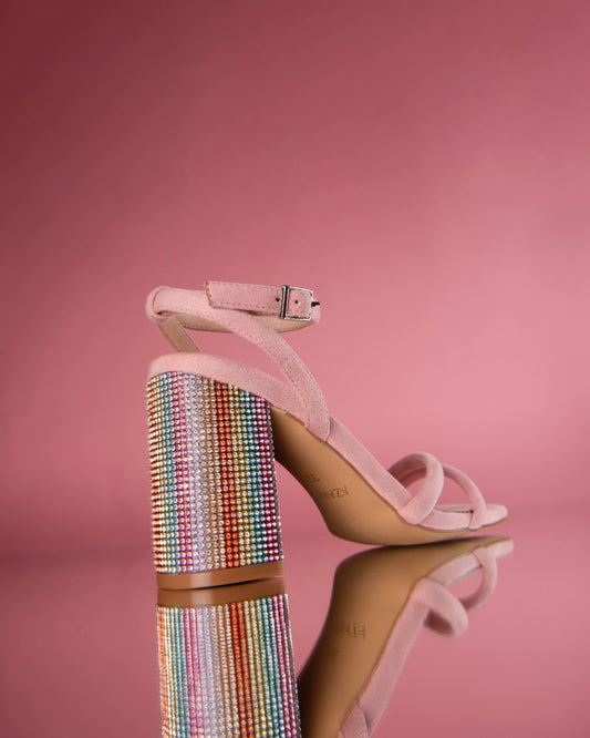 Sandalo rosa con tacco in strass