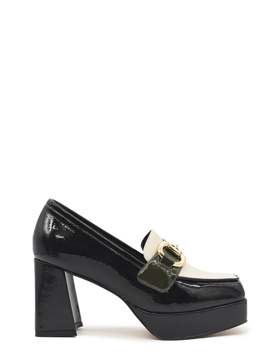 Patent leather loafer with heel and platform in multicolored black